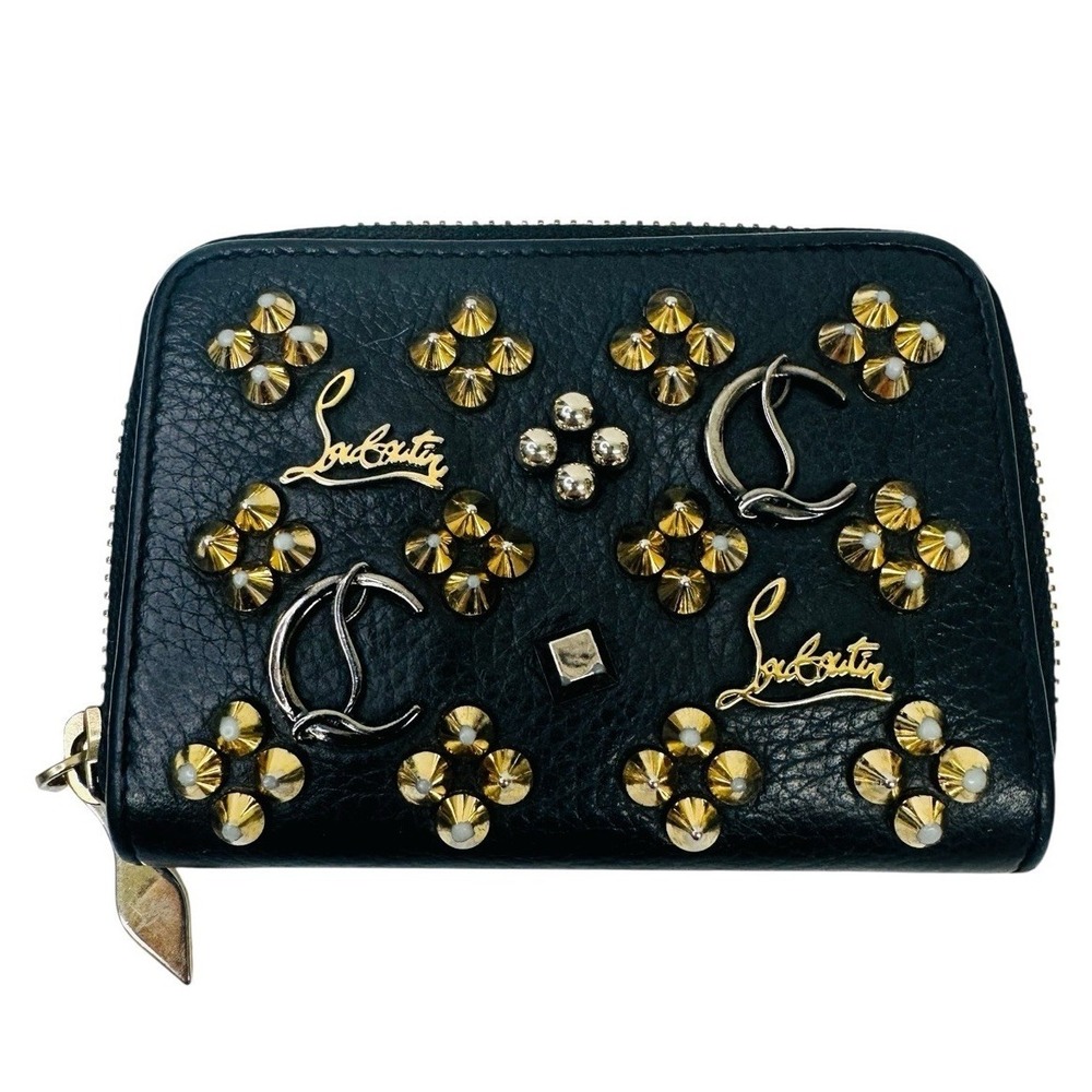 Christian Louboutin Panettone Spikes Coin Zip Around Wallet In Black Pre-owned